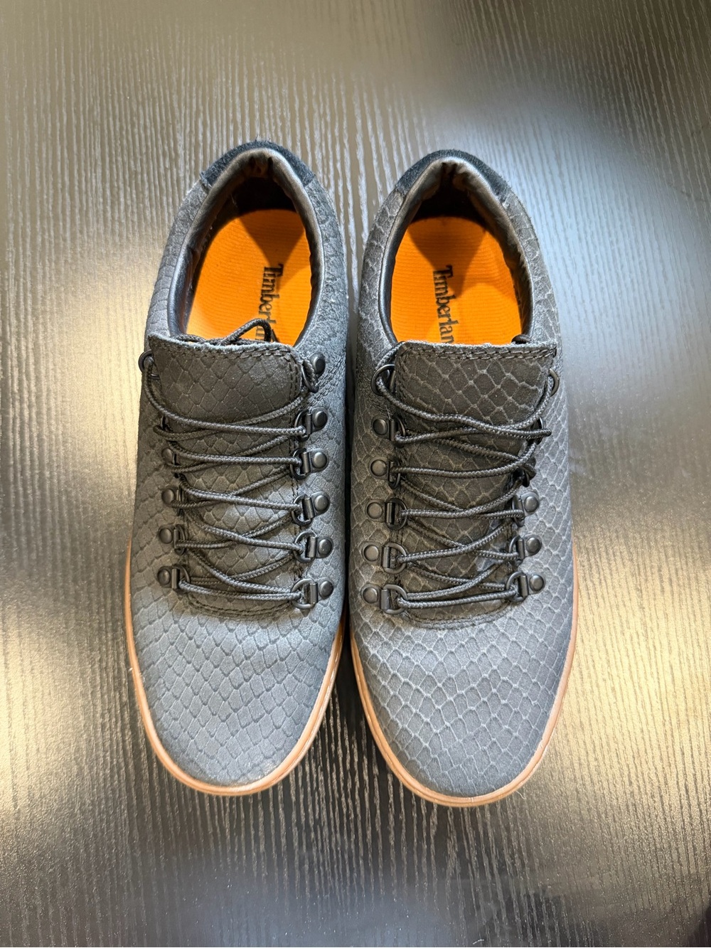 Timberland Men’s Dark Gray Textured Lace-Up Sneakers with Tan Sole